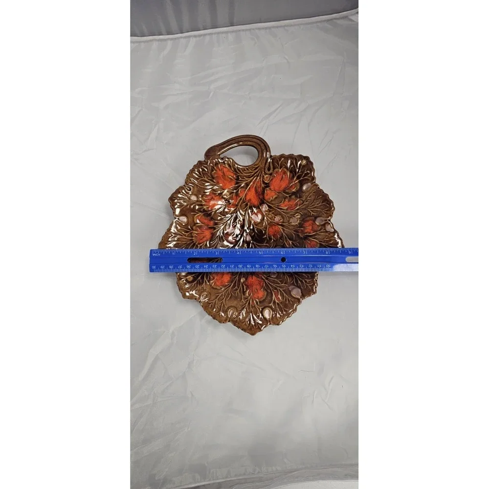 Vintage 1973‎ Leaf Shaped Serving Dish Platter Burnt Orange Brown Glazed Ceramic